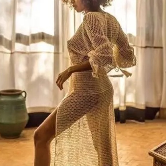 Cream Beige Crochet Maxi Dress Coverup w/Long Quarter Balloon Sleeves&Leg Slit - Picture 8 of 8